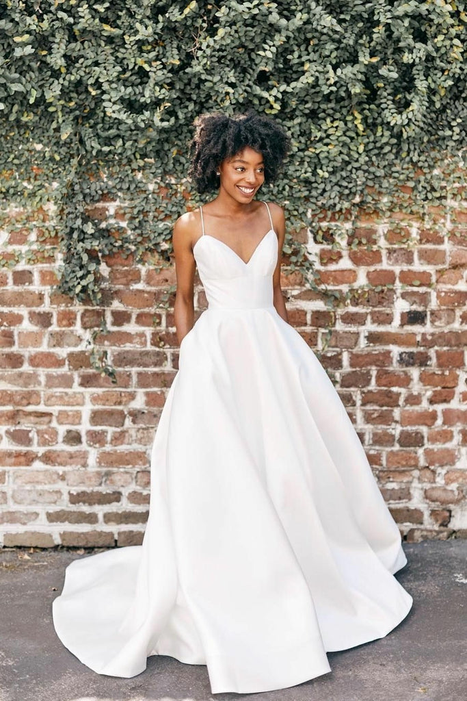 Ball Gown Off-the-shoulder Satin Court Train Wedding Dresses With Pockets |  MillyBridal